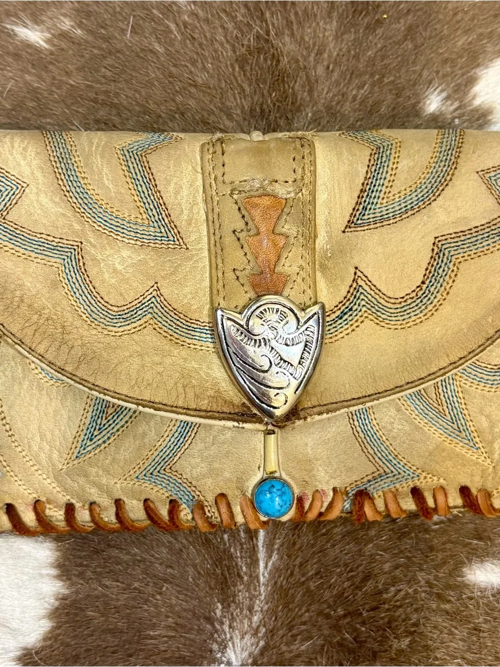 Vintage Tan Leather Western Clutch with Turquoise Accent